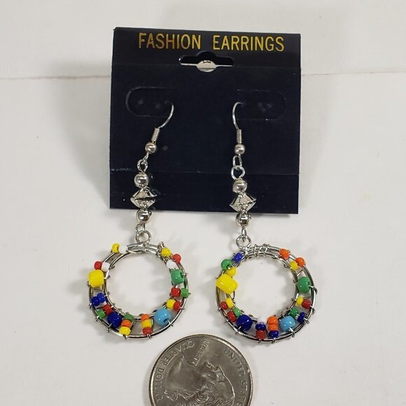 Handmade Colorful Beaded Silver tone Wire Drop Earrings Boho Festival Jewelry - Picture 6 of 8